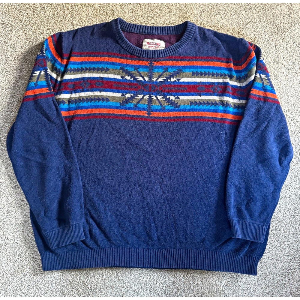 Mossimo Supply Co. Men's Navy Y2K Geometric Knit Crewneck Pullover Sweater XXL